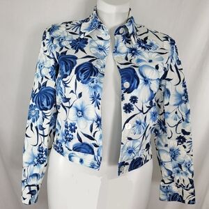 David Brooks Lightweight Floral JACKET Womens Size M Blue White Button Up Vtg